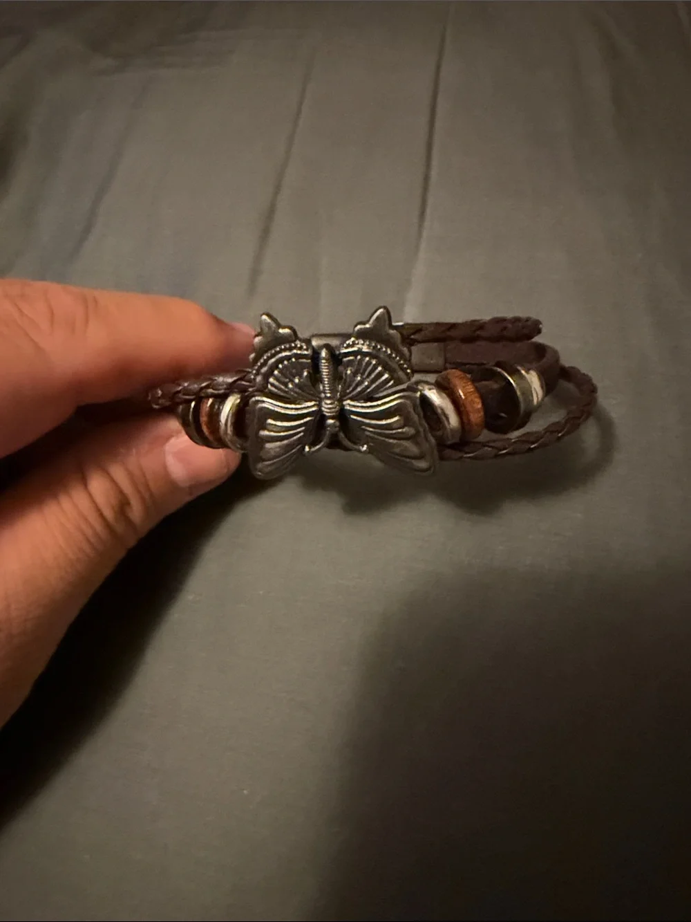 Brown Braided Leather Bracelet with Butterfly Accent
